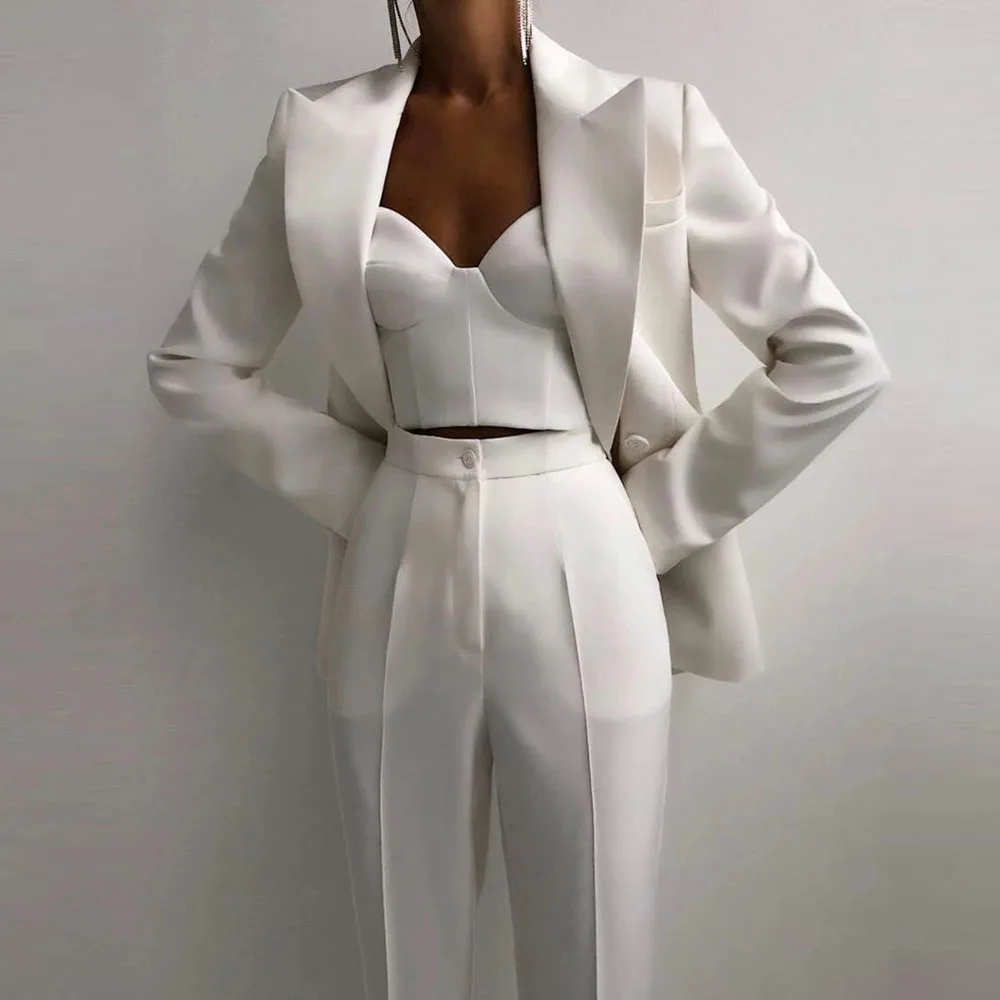 Tailleur Femme White Women Suits Bride Of Mother Blazer 2 Pezzi Set Giacca Con Pantaloni Cappotto Doppiopetto Su Misura Slim Fit