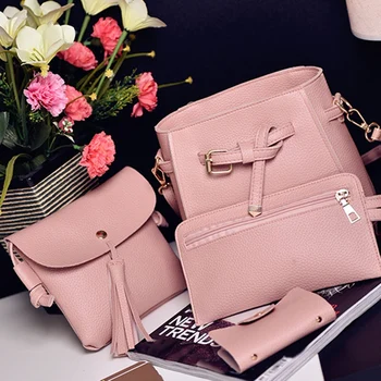 

4Pcs Women Handbag Bags Set Synthetic Leather Clutch Purse Shoulder Messenger Bag, Pink