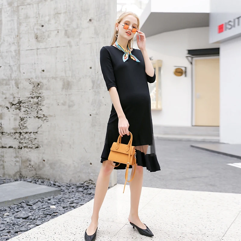

Pregnant women spring and summer ruffled mid-sleeve pregnancy dress tops long mesh gauze maternity dress JoyRay.B