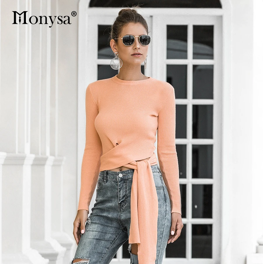 Fashion Woman Sweater Autumn And Winter Long Sleeve Lace Up Crop Ladies Personality Casual Knitted Top Black Orange | Женская одежда