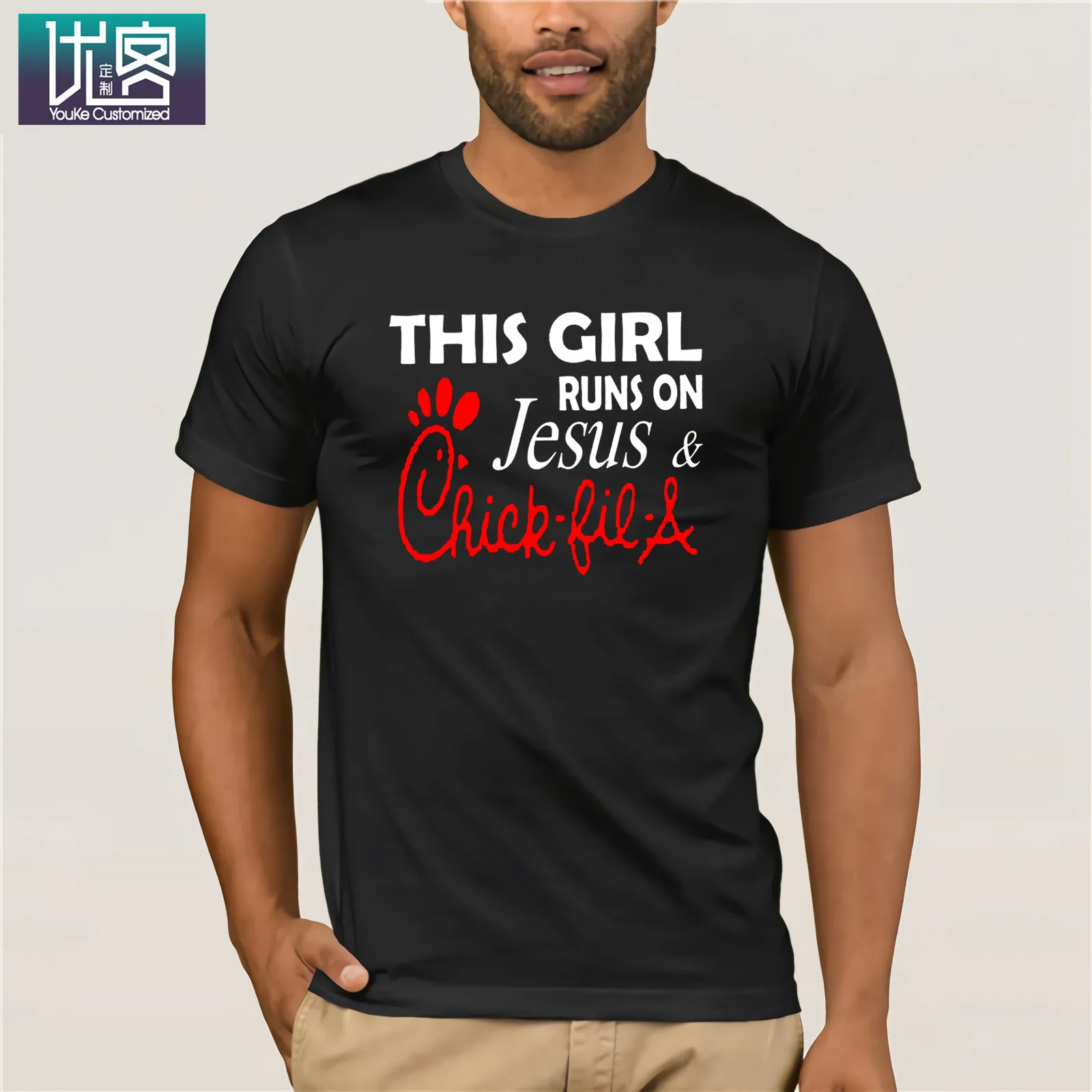 This Girl Runs On Jesus And chick-fil-a T-Shirt men's Short Sleeve Funny Tees Cotton Tops T Shirt Vintage Crew Neck | Мужская одежда