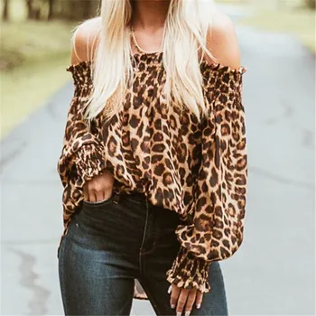 

Women Leopard Printed T-shirt 2020 Spring Autumn Long Sleeve Sexy Off Shoulder Loose Casual T Shirt Elegant Chic T-Shirts Tops