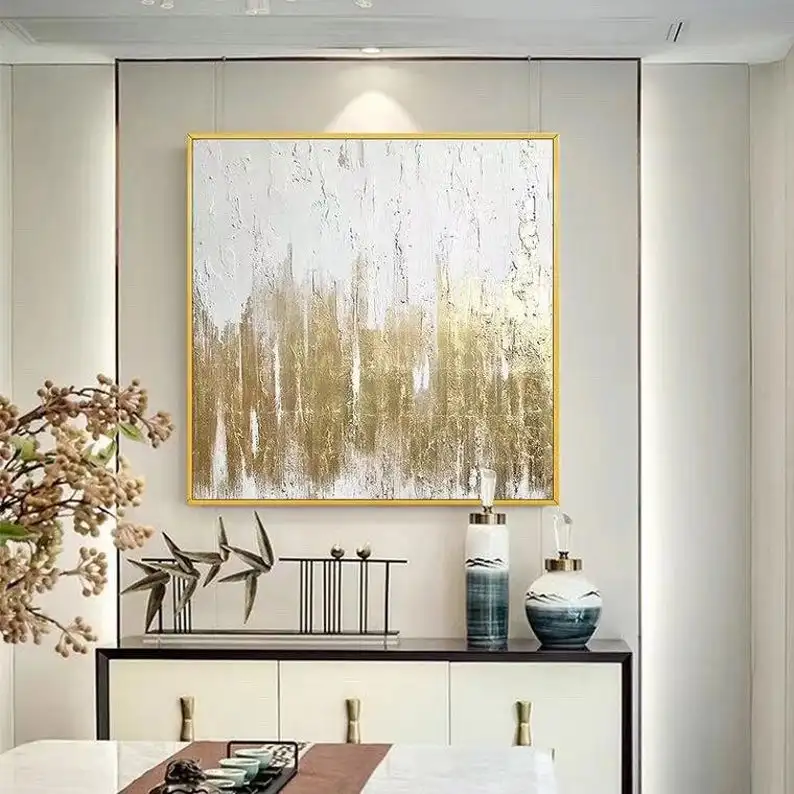 

Большая Абстрактная живопись на холсте, картина с золотыми листьями, акриловая живопись, белая текстурированная Золотая живопись, современная живопись, большая