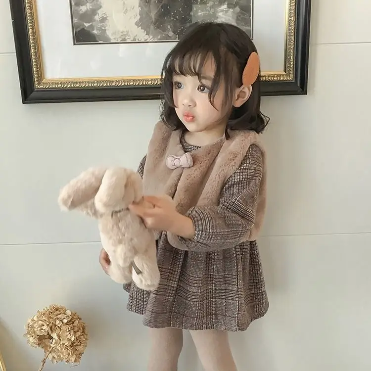 Г. Меховой жилет для маленьких девочек, пальто+ платье в клетку модные зимние платья принцессы для маленьких девочек на день рождения Детская одежда Vestidos