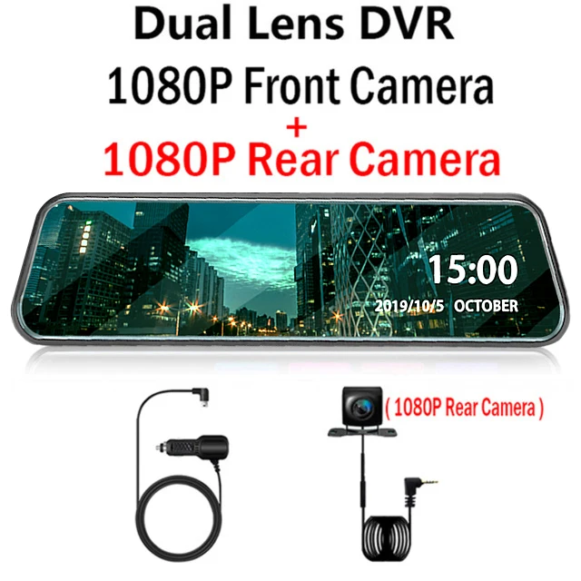 Dual Lens 1080P Ночного видения поток медиа Автомобильный видеорегистратор FHD ips сенсорный экран видеорегистратор зеркало заднего вида цифровой видеорегистратор двойной объектив Registratory - Название цвета: Dual Lens 1080P
