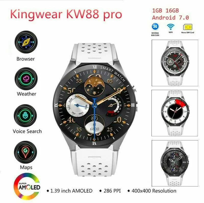 Смарт-часы KW88 Pro 3g gps wifi GB+ 16GB Bluetooth 4,0 с циферблатом 1. Четырехъядерный Смарт-часы 3g hz для универсального телефона