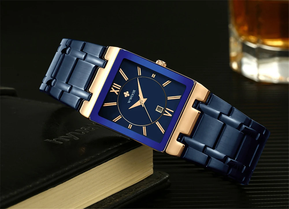 Relogio Masculino New Fashion Watches Men WWOOR Luxury Square Blue Men's Wristwatch Stainless Steel Waterproof Quartz Clock Male