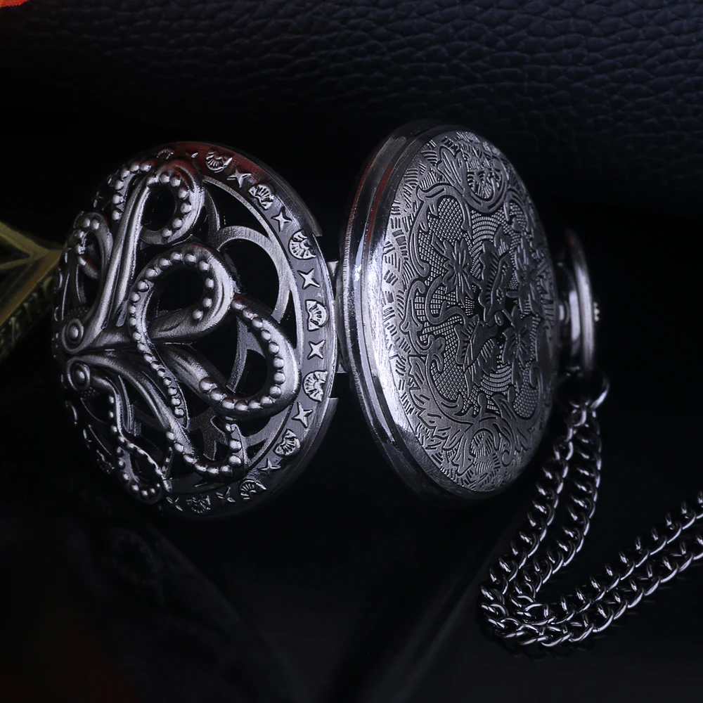 Montre de poche à quartz vintage avec collier, pieuvre creuse, demi-chasseur, noir, souvenir, meilleur cadeau