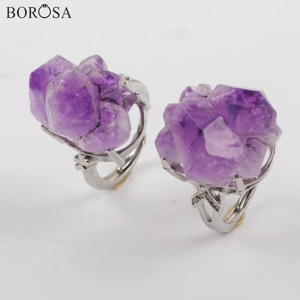 

BOROSA Gems Rings,10Pcs Silver Plated Natural Amethysts Faceted Open Ring Natural Crystal Quartz Rings Jewelry for Lady ZG0433