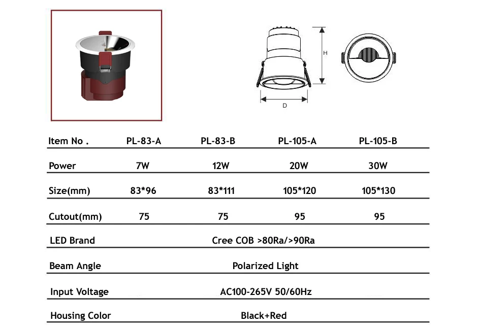 Round cob led ceiling lamp 7W 12W 20W 30W led spot down lamp polarized lighting led wall washering lamp