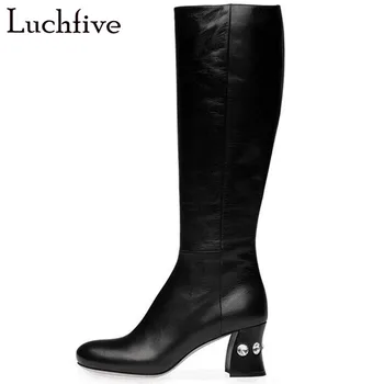 

Crystal High Heels Long Boots For Women Sqaure Toe Leather Shoes Woman Sexy Black Winter Boots Zipper Party Zapatos De Mujer