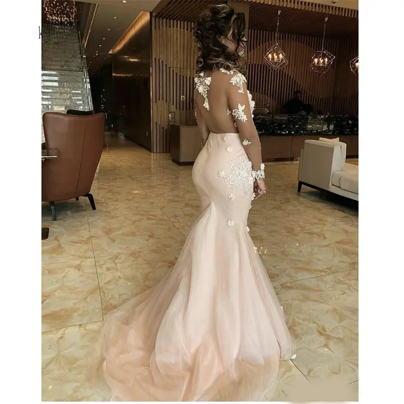 Illusion African Mermaid Prom Dresses Sheer Back Sexy 3D Appliques Lace Flowers Pageant Gowns Illusion Long Sleeves Evening Dres