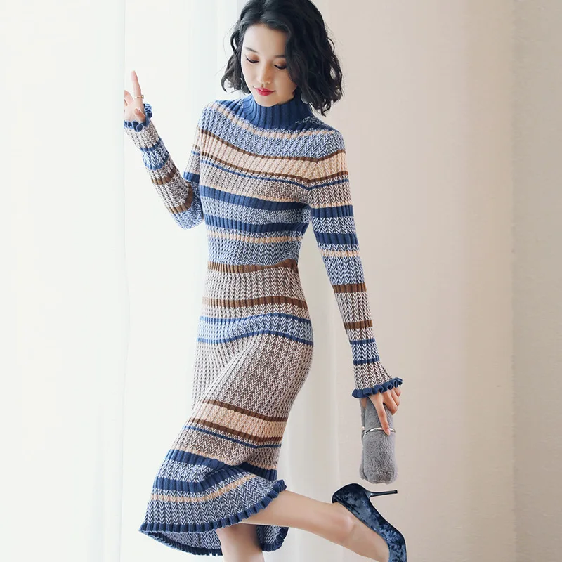 

Dress 2019 Autumn And Winter New Style Korean-style Printed Crew Neck Pullover Mid-length Knitted High-waisted Pleated Skirt