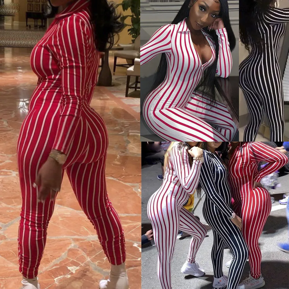 Горячая Глубокий V шеи полосатый трико обтягивающее Бандажное женское с длинным рукавом Повседневные КОМБИНЕЗОНЫ Длинные брюки-комбинезон Комбинезоны на молнии
