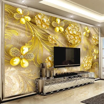 

Custom Mural Wallpaper 3D Golden Jewelry Flower Luxury Hotel Bedroom Bedside Restaurant Living Room Sofa TV Background Wall Art