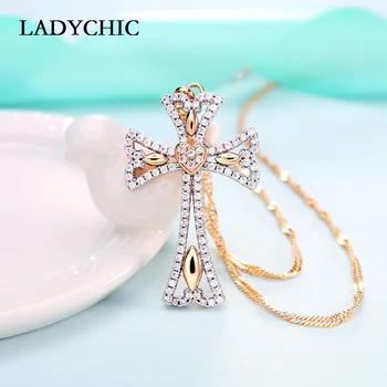 

LADYCHIC Luxury Big Cross Pendant Necklace Gold Color Crystal Cross Church Christian Fashion Jewelry Dropshipping Collar LN1094