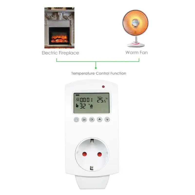 16A 230V Многофункциональный Штепсель-термостат для подключения к розетке электрическое отопление Температура контроллер ЖК-дисплей Дисплей термостат EU/UK розетки