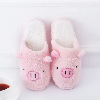 

Cute Cartoon Slippers Women Pink Pig And Brown Bear Home Warm Cotton Indoor Couple Shoes Comfortable Soft Slippers with Fur drag