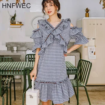 

2019 Summer Fashion Clothes For Women Hollow Out Ruffles Patchwork Plaid Short Sleeve Temperament Dresses R430