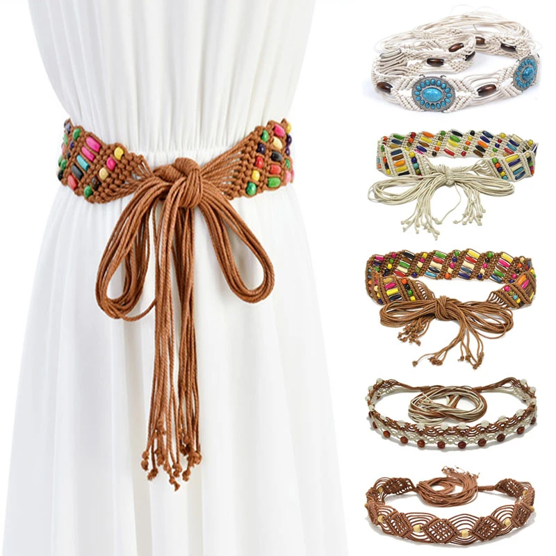 Cinturón de cuentas de madera hecho a mano para cadena de cintura accesorios para vestido, cinturones de falda, cuerda de cera de viento de estilo étnico, nueva moda|Cinturones mujer| -