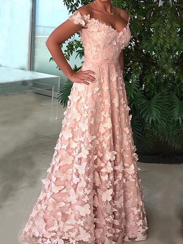 Платья для выпускного вечера с открытыми плечами Румяна розовая 3D аппликация бабочка А-силуэт Vestidos De Gala платье для выпускного вечера