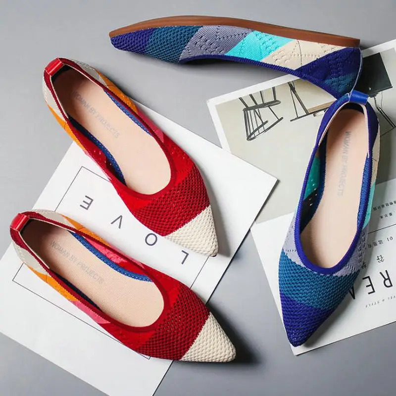 Flats Pointed Toe Roman hot design mixed colors pointed toe slip on mules women single shoes microfiber knitted flats femme