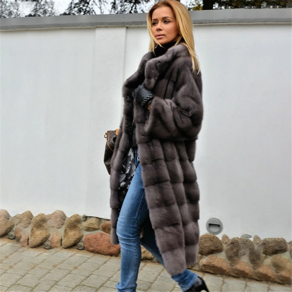

Tatyana Furclub 2019 New Fashion Winter Real Fur Coat Dark Grey Mink Coat With Standing Collar Thick Warm Long Overcoat