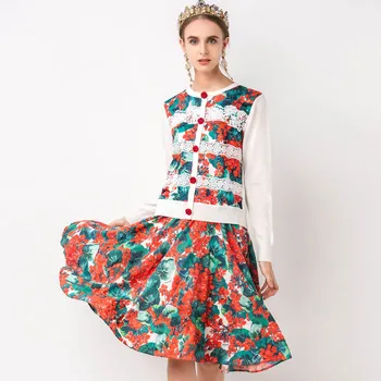 

2019 New Autumn Runway Designer Skirt Set Women's Elegant Red Hydrangea Printed Lace Patchwork Wools Tops + Skirt 2pcs Set