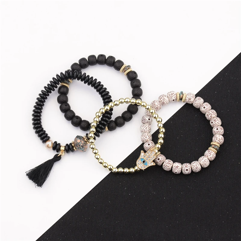 Vintage Bohemian Charm Bracelet Set with Natural Stone Beads and Tassel Pendants - 4 Pieces