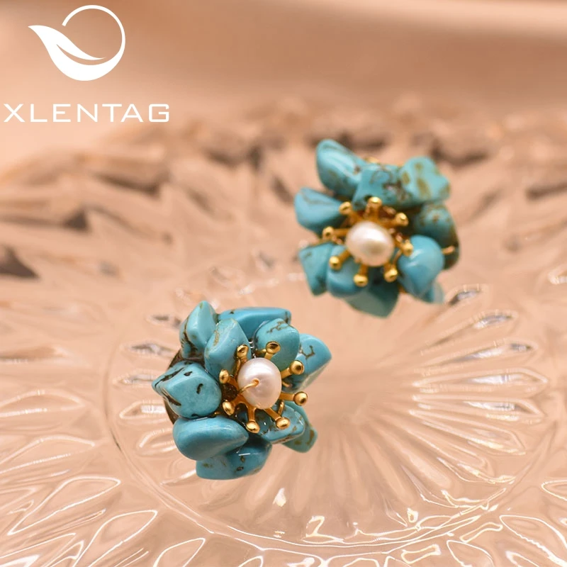 XlentAg, серьги-гвоздики с натуральным бирюзовым цветком для женщин, девушек, влюбленных, на день рождения, для вечеринки, милые ювелирные изделия, аксессуары для женщин GE0780B