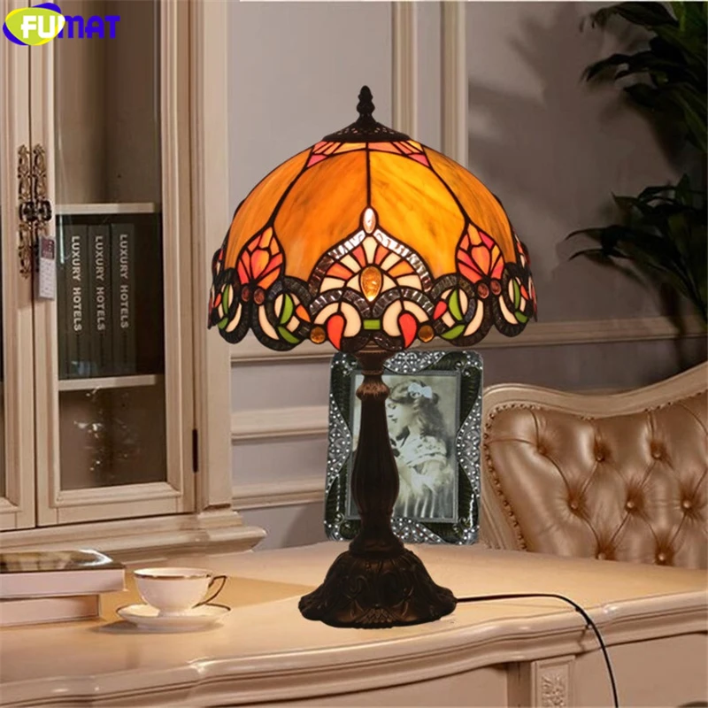 FUMAT Tiffany Style Desk Lamp Stained Glass Chili Gemstone Table Light Orang Color Lampshade Alloy Frame Base Handcraft Home Decro 6
