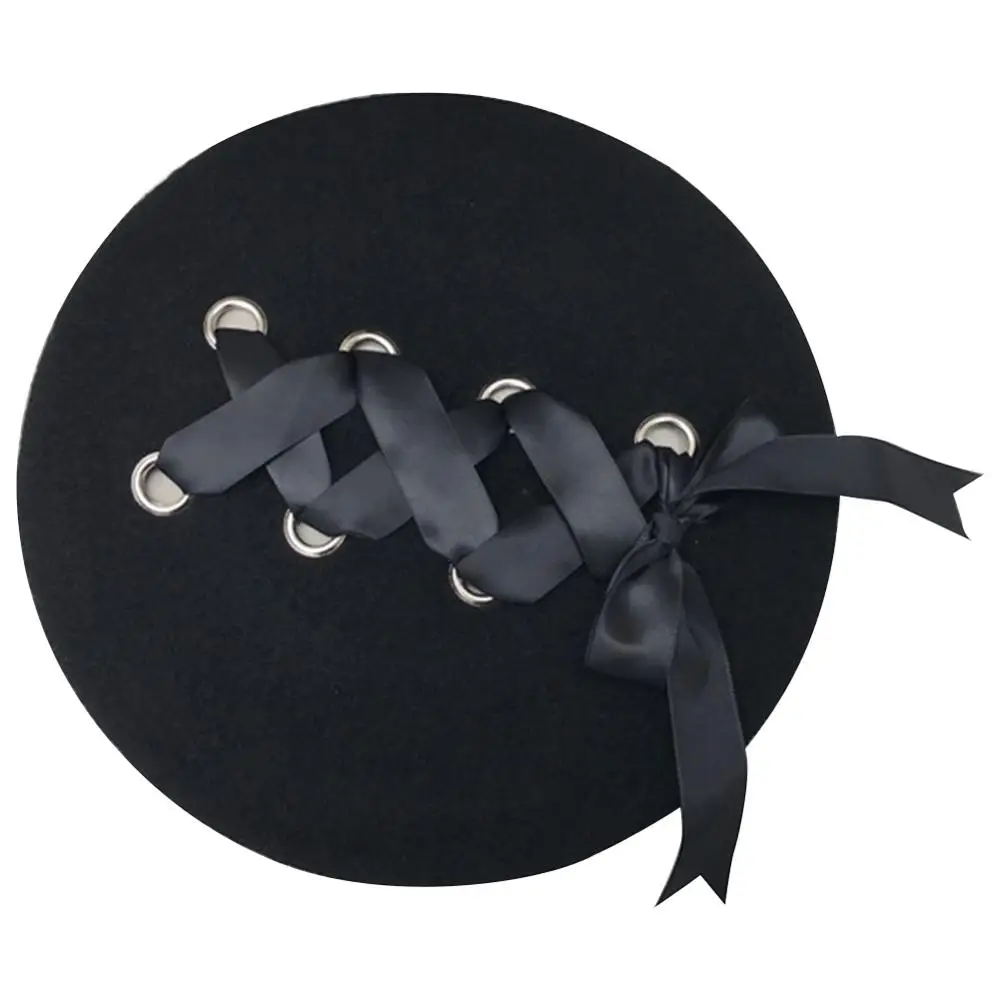 Sweet Cute Berets Women Winter Hats Soft Black Color Ribbon Woolen Classical Straps Cross Bow Bonnet Boina Mujer Feminina
