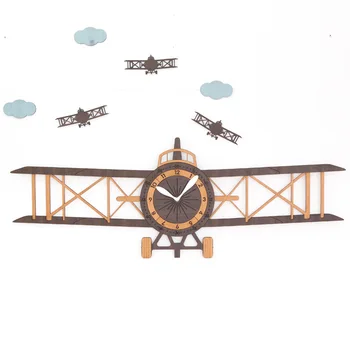 

Large Living Room Wall Clock Aircraft Modern European Children's Cartoon Wooden Wall Clock Home Decor Christmas Gift 105*62*22