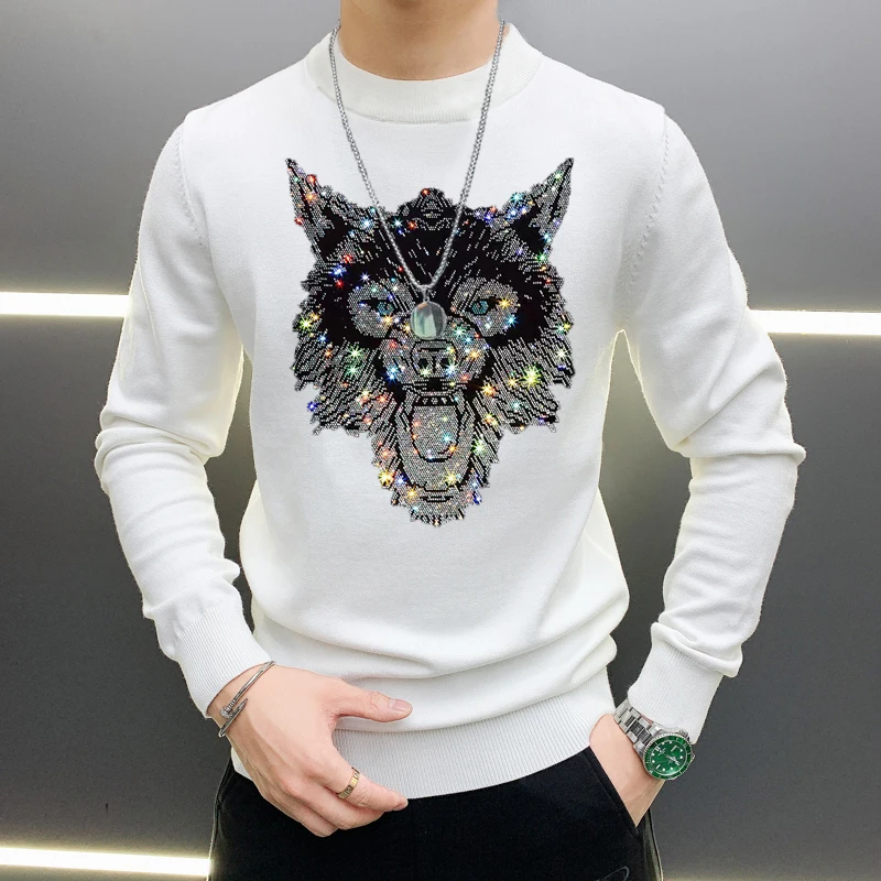 New Men Luxury Diamond Wolf Rhinestones Fashion Knitted Black White Sweater