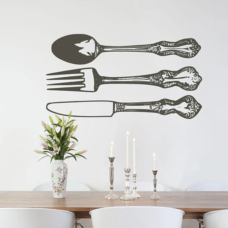 Large 3 Pcs Silverware Fork Spoon Knife Cabinet Door Wall Sticker Silverware Kitchen Tools Cabinet Wall Decal Kitchen Vinyl Deco (2)