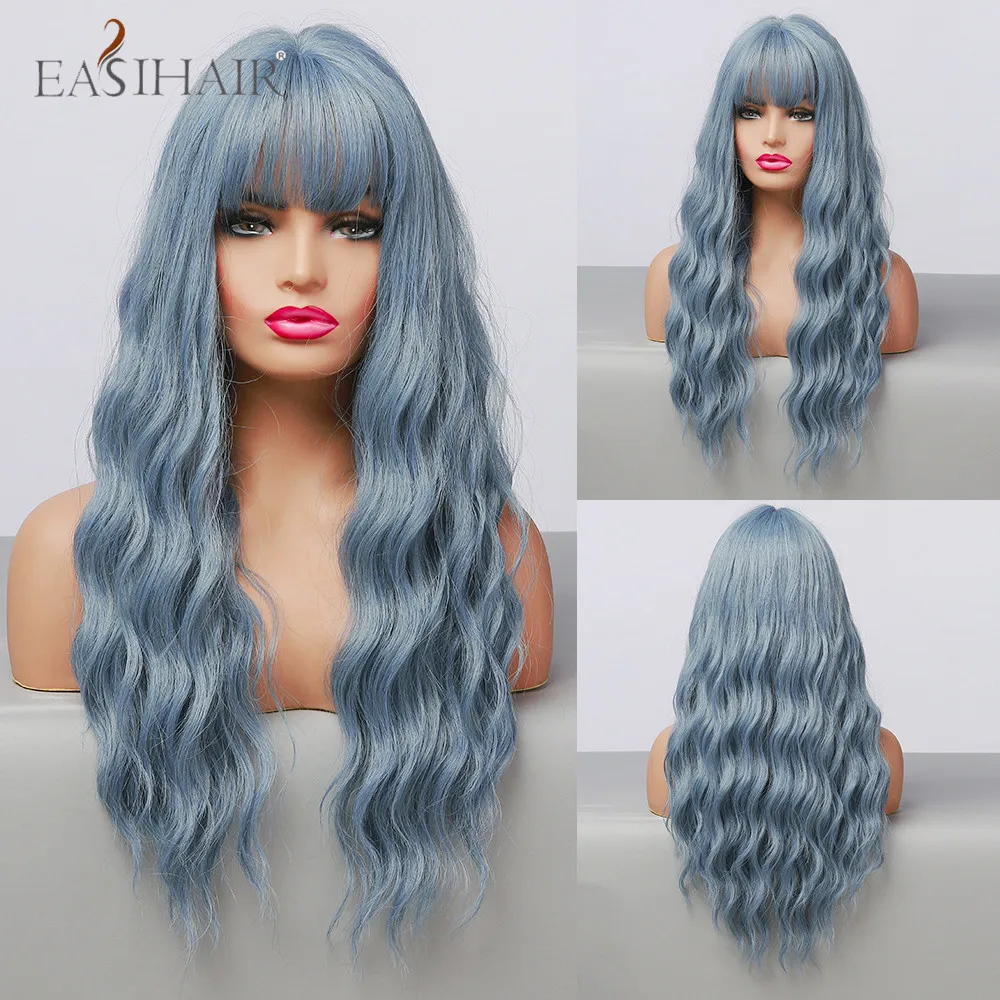 Synthetic-Wigs Bangs Fiber-Hair Heat-Resistant Cosplay Lolita Mixed-Blue Colorful Long