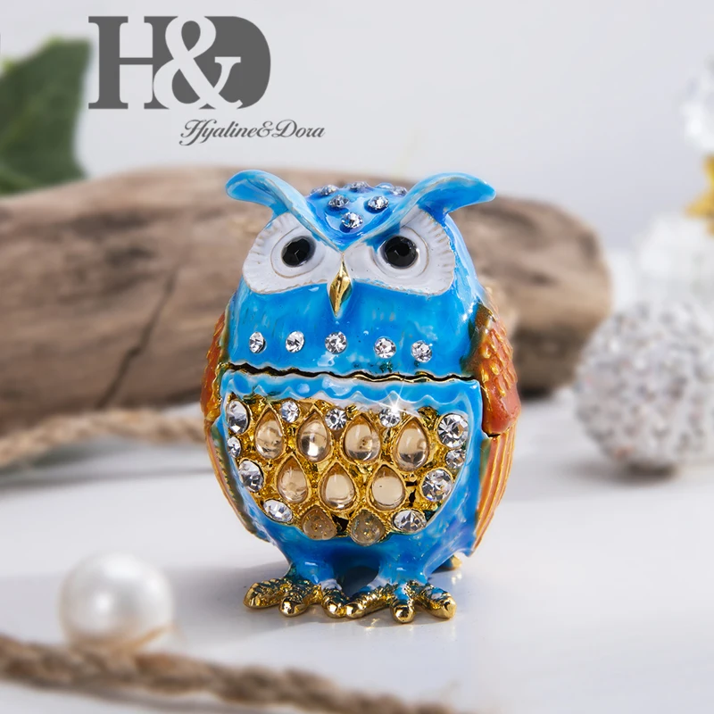 H&D 3 style Hand-Painted Metal Owl Figurine Enamel Trinket Boxes Jewelry Collectible Box Christmas Gift Home Decorative Ornament