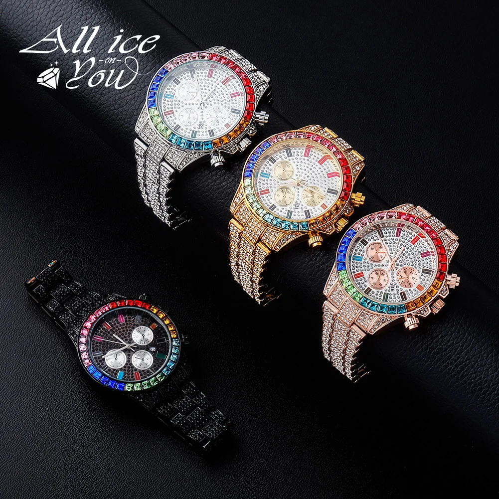 Orologi al quarzo ALLICEONYOU con Micro pavé di pietre colorate ghiacciate  orologio Hip-Hop in acciaio inossidabile con zirconi cubici per regalo -  AliExpress Watches