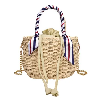 

Women's Beach Handbag Straw Shoulder Bag with Handles and Silk Ribbon Bucket Fringe Weave Shoulder Bag Beach Bag (Light color)