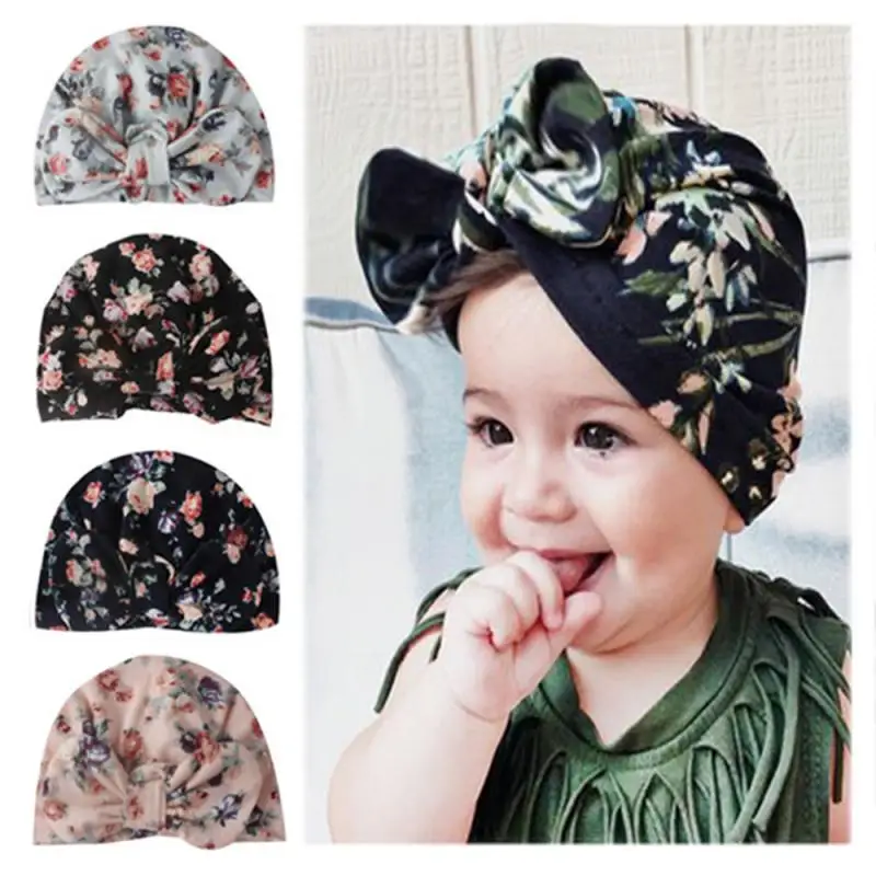Cute Print baby Hats Thermal Caps For Infant Newborn Kid Bow Knot Head