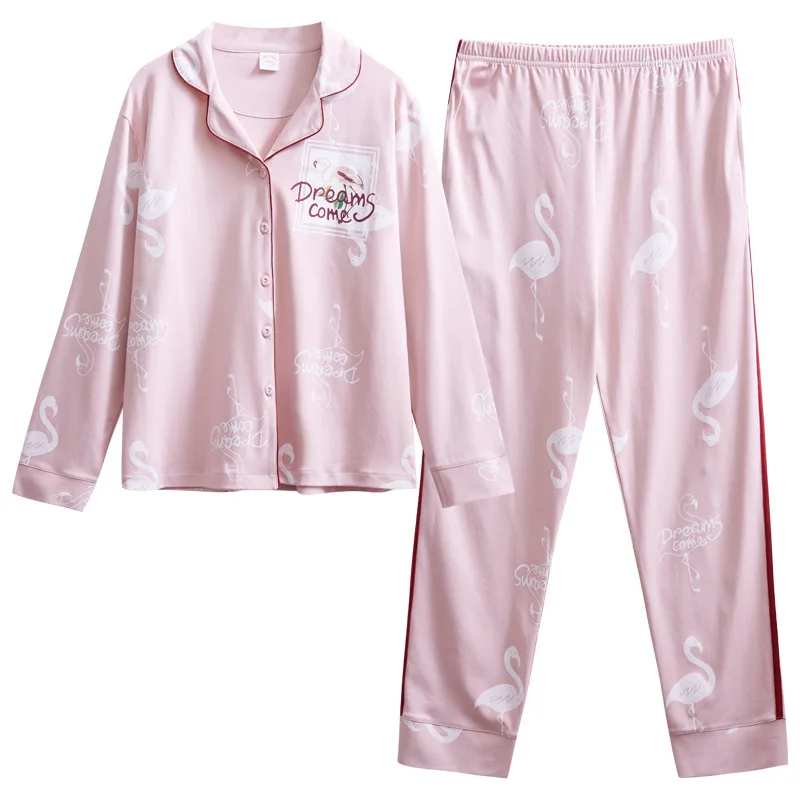 Осенний женский хлопковый пижамный комплект, Дамский пижамный комплект с принтом, пижама с длинным рукавом, ночная рубашка, наборы, удобная мягкая Милая домашняя одежда