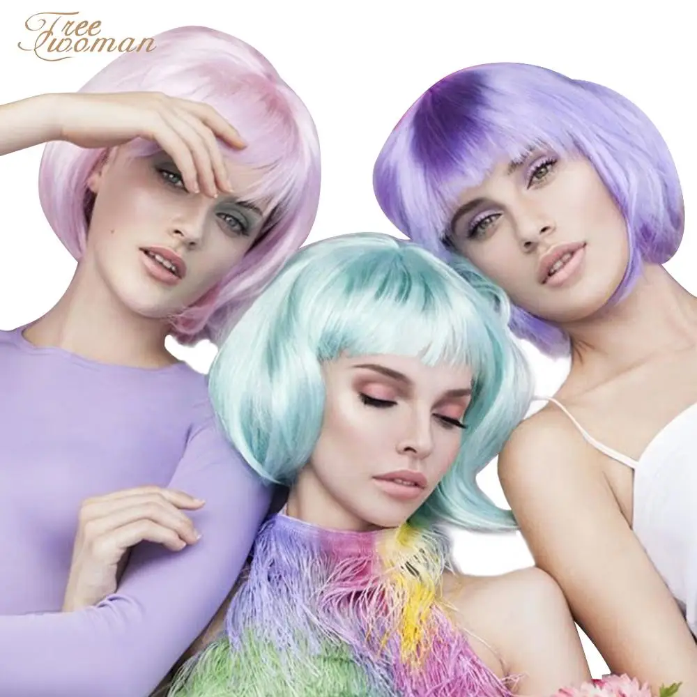FREEWOMAN Synthetic Bob Wigs For Women Short Wig With Bangs Fake Hair Pink Purple Black Heat Resistant Cosplay |