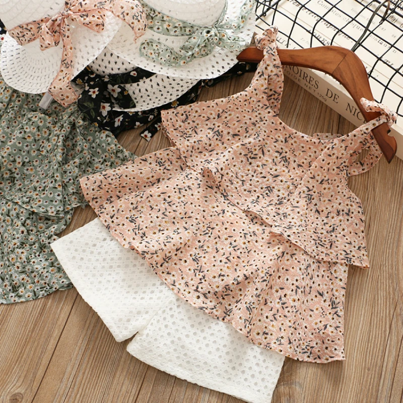 

Children's Suit 2019 Summer Cool and Refreshing Camisole Girl Chiffon + Shorts Two Paper Suit ( Match Hats ) Baby Girl Clothes