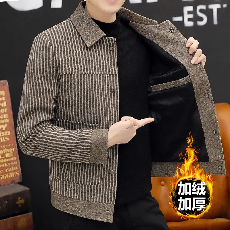 Утолщенное и пушистое пальто? Мужское Короткое шерстяное пальто в полоску зимняя