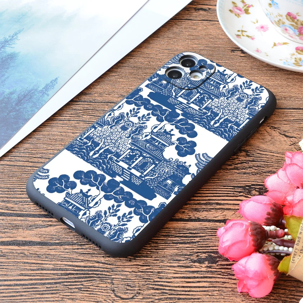 

For iPhone Blue Willow Chinoiserie Blue And White Porcelain Inspiration Print Soft Matt Apple iPhone Case