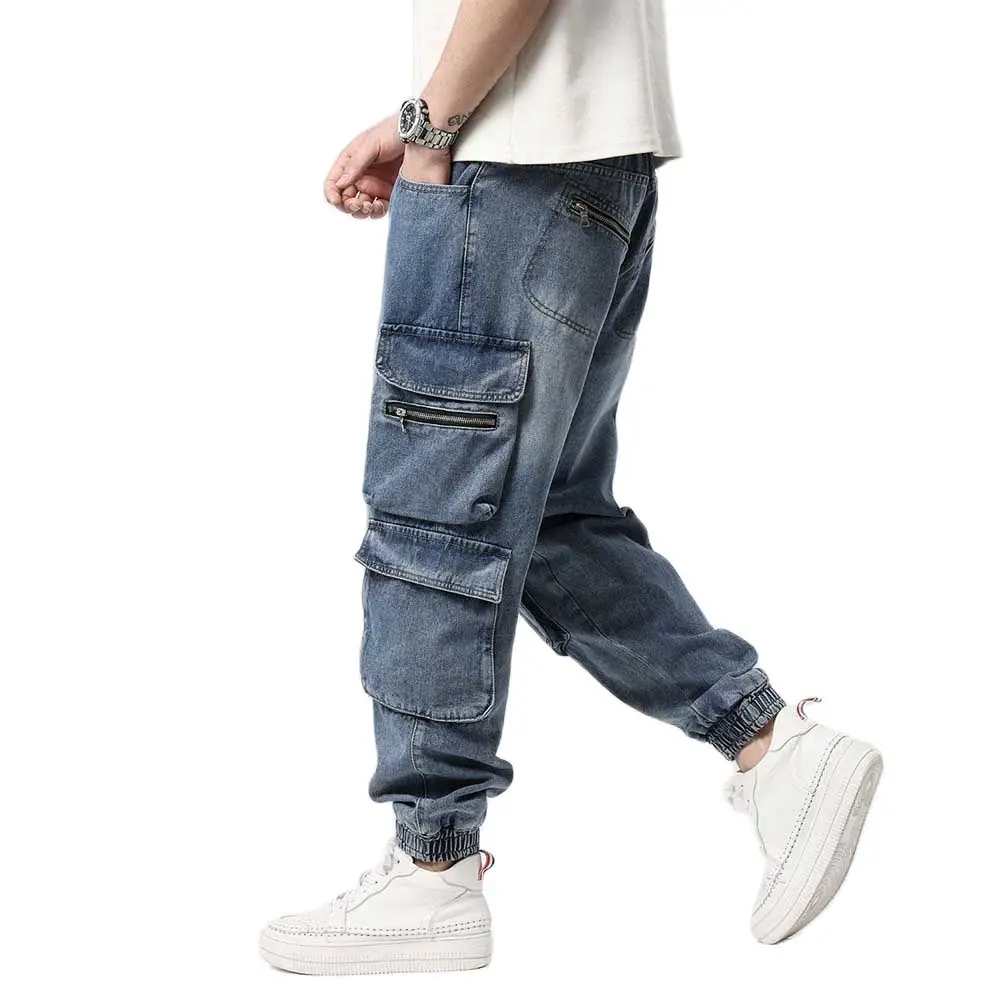 New Fashion Cargo Pants Men's Casual Jeans Elastic Waist Loose Baggy Joggers Denim Trousers Streetwear Harem Clothing Plus Size