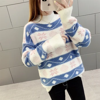 

Women Christmas Sweater fleece mohair pattern Velvet Thick Plush Sweater Snowflake Winter Warm Autumn Loose fur Mink Cashmere
