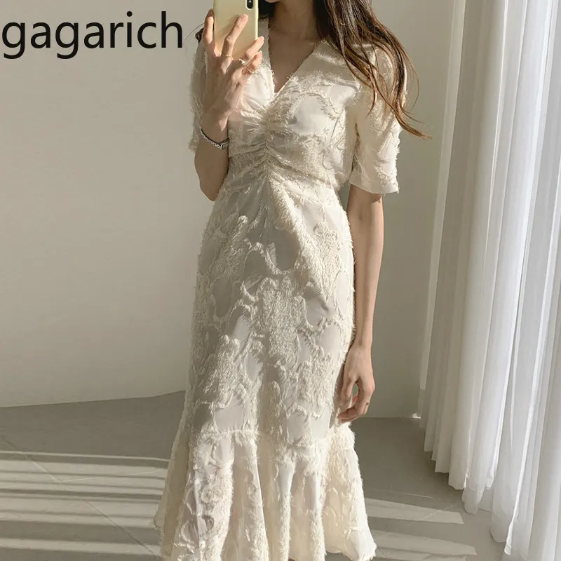 

Gagarich Elegant Ladies Dress Korean INS V-neck Pleat Flash Design Lace-up Waist Hugging Slimming Flounced Women Dresses