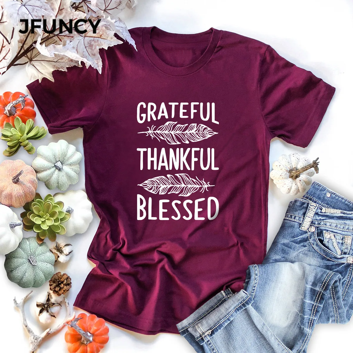 Женская хлопковая Футболка JFUNCY с надписью Thankful и принтом в виде букв Kawaii Harajuku топ