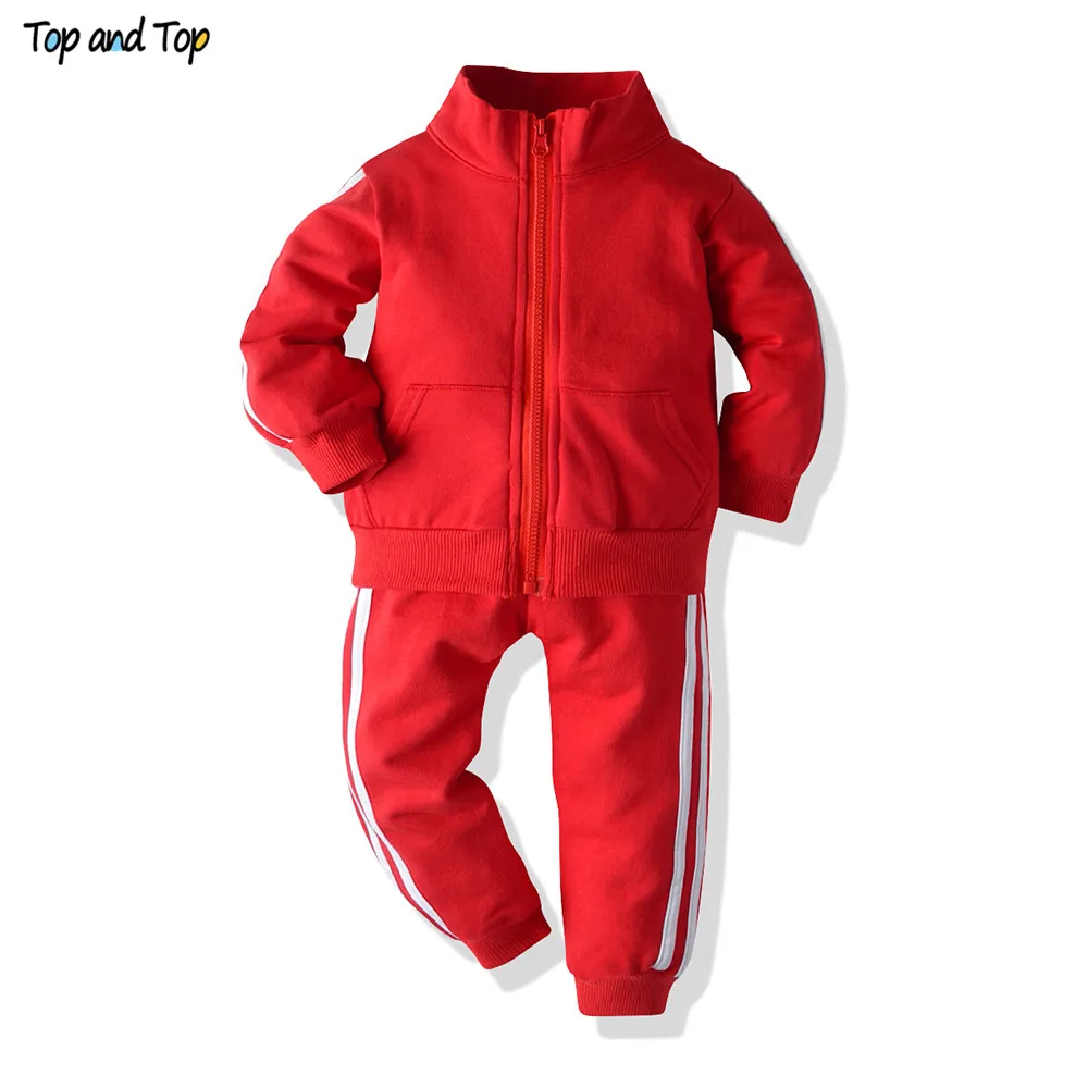 Top and Top Spring Autumn Boys Girls Clothing Set Long Sleeve Zipper Sweatshirt Coat+Trousers Striped Sport Suit 2Pcs Tracksuit - Цвет: Красный